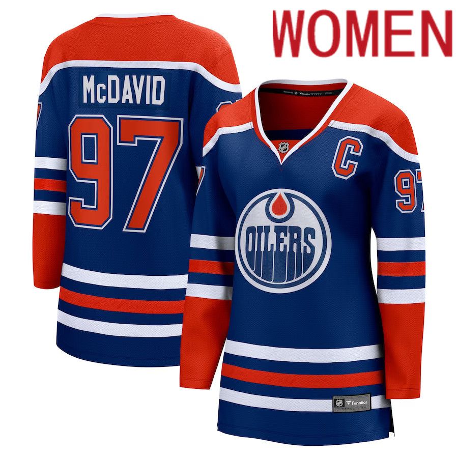 Women Edmonton Oilers #97 Connor McDavid Fanatics Branded Royal Home Premier Breakaway Player NHL Jersey